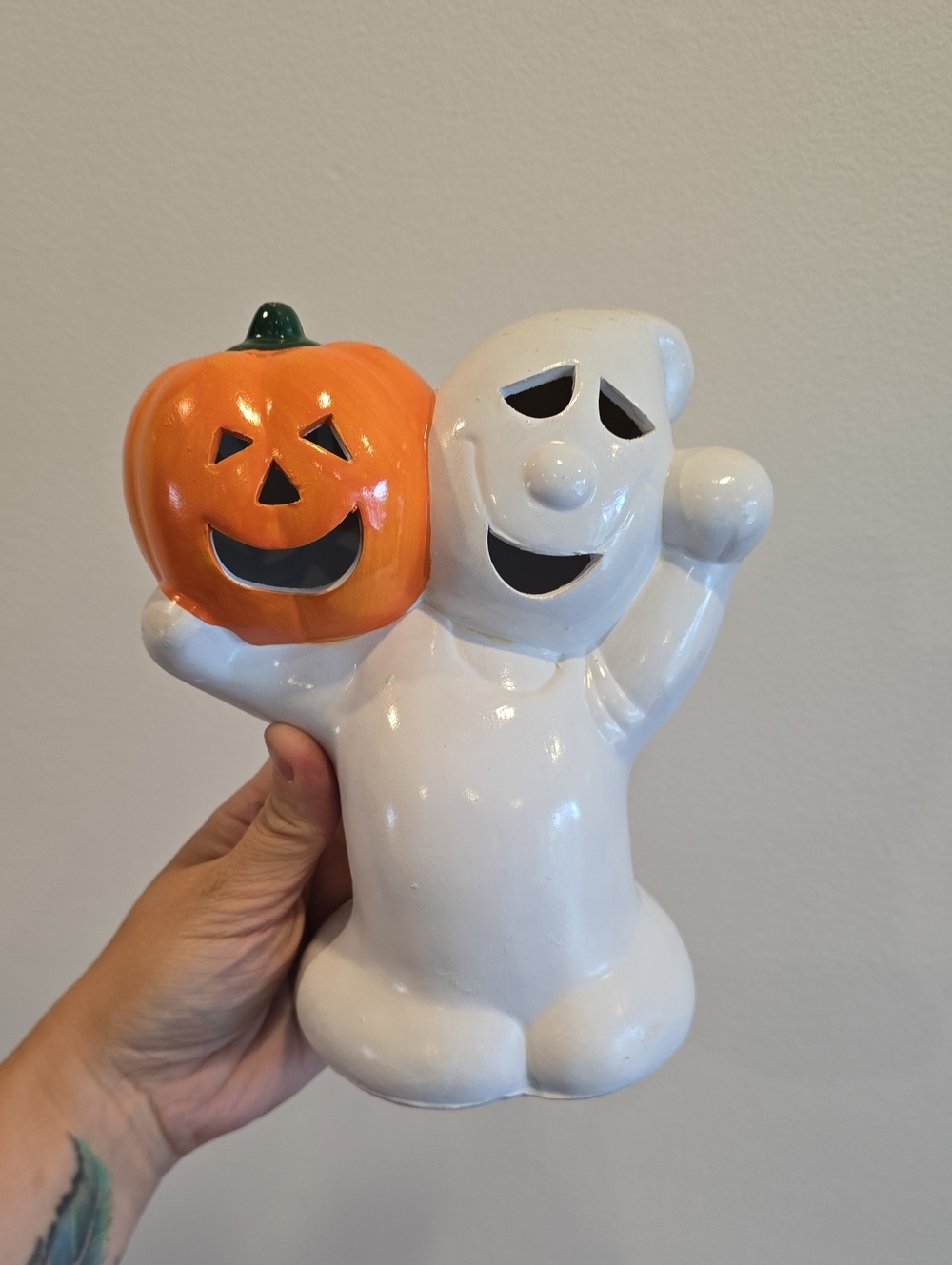 Vintage 90s Halloween Ceramic Ghost Pumpkin Jack O Lantern Tea Light Holder